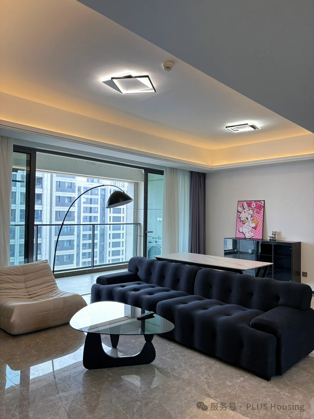 Modern apartment interior with city view